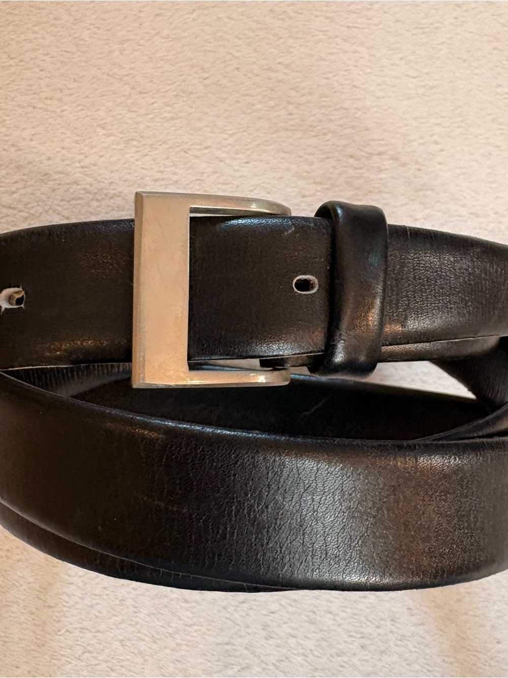 Men's Slim Black French Leather Belt Rectangular Silver Buckle Sz 44